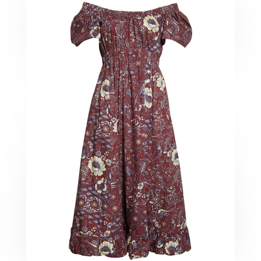 Ulla Johnson Floral Off-Shoulder Midi Dress in Burgundy and Cream
